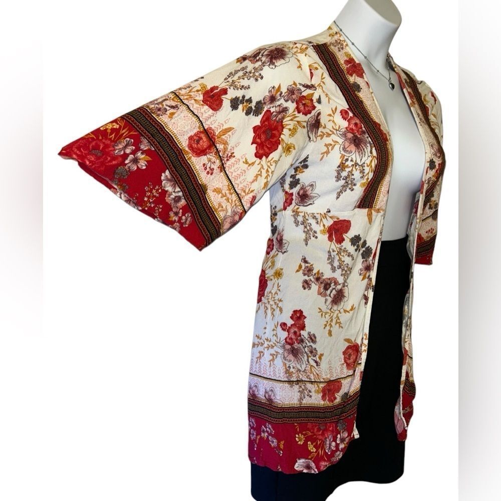 Knox Rose Cream & Red Floral Boho Open Kimono Cardigan - Size XS - Picture 4 of 10